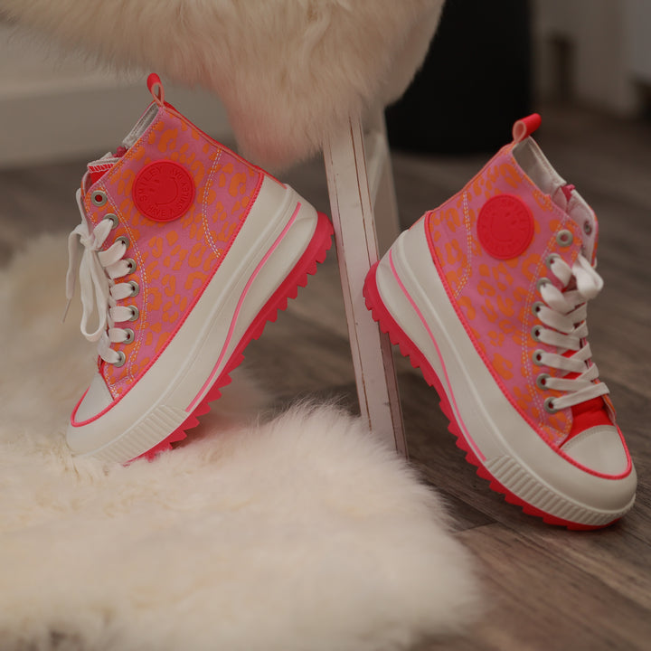 Sneaker mit hoher Sohle pink ornage Leodetail leomuster feste Sohle bequemer Boot 