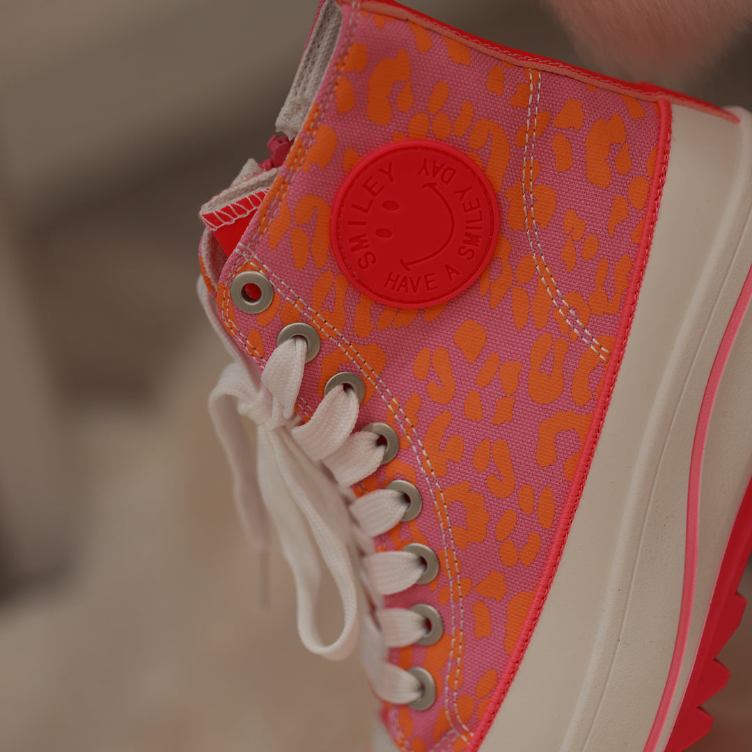 Sneaker mit hoher Sohle pink ornage Leodetail leomuster feste Sohle bequemer Boot 