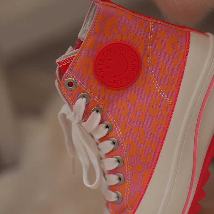 Sneaker mit hoher Sohle pink ornage Leodetail leomuster feste Sohle bequemer Boot 