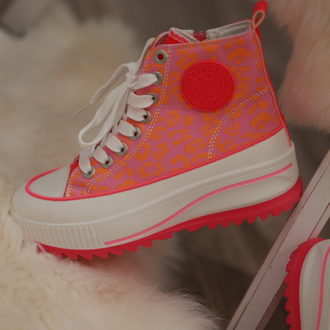 Sneaker mit hoher Sohle pink ornage Leodetail leomuster feste Sohle bequemer Boot 