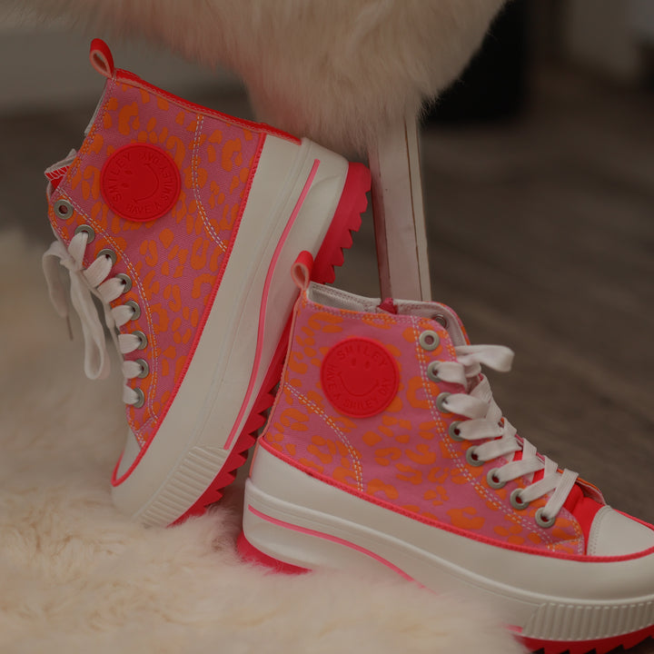 Sneaker mit hoher Sohle pink ornage Leodetail leomuster feste Sohle bequemer Boot 