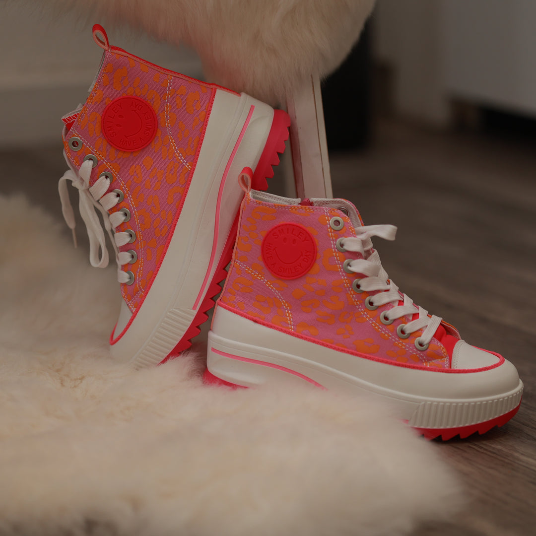 Sneaker mit hoher Sohle pink ornage Leodetail leomuster feste Sohle bequemer Boot 