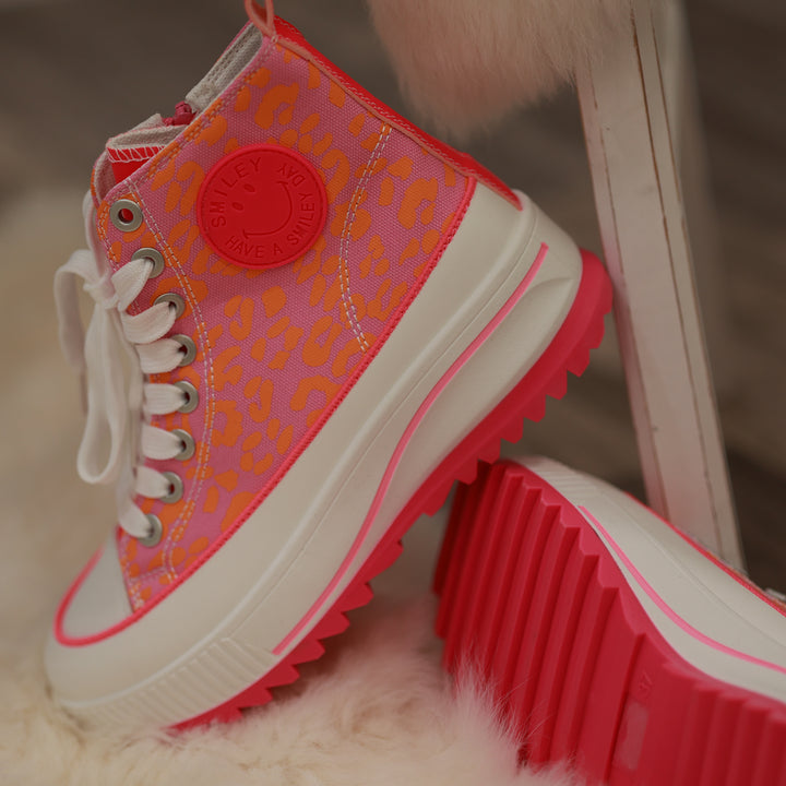 Sneaker mit hoher Sohle pink ornage Leodetail leomuster feste Sohle bequemer Boot 