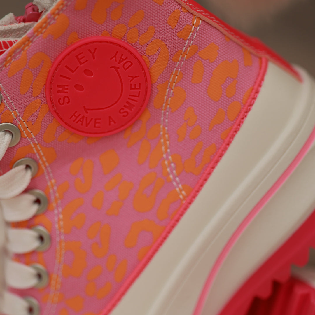 Sneaker mit hoher Sohle pink ornage Leodetail leomuster feste Sohle bequemer Boot 